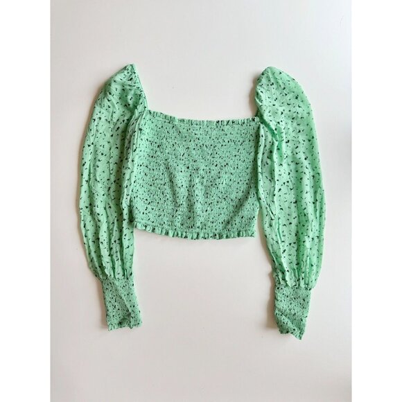 Aritzia LITTLE MOON Gimlet Green Chiffon Smocked Square Neck Blouse, Size S - Picture 5 of 13